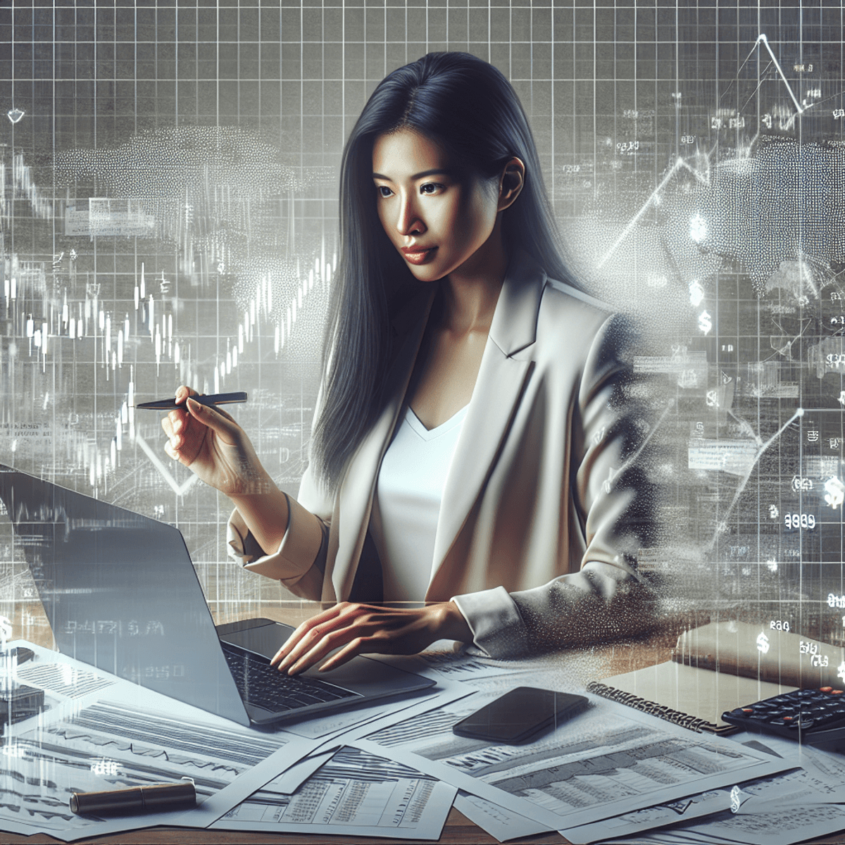 A confident woman intently studying financial charts on her laptop, surrounded by a chaotic arrangement of financial documents and a notepad, symbolizing a busy trading day. The scene subtly features abstract symbols of calculations, emphasizing her strategic approach to trading options and risk management with the jade lizard strategy