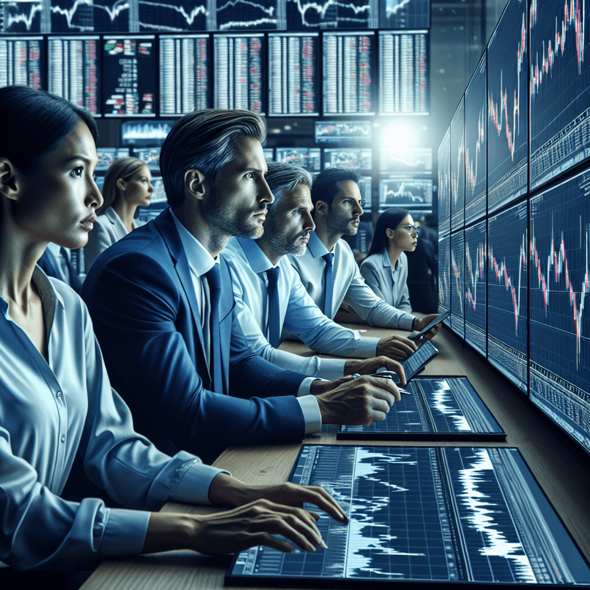 A diverse group of experienced traders, including a Caucasian man and an Asian woman, intently analyzing financial charts on multiple screens in a modern trading room, surrounded by fluctuating graphs and a palpable atmosphere of urgency and focus.