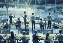 A diverse group of finance tech professionals intensely focused on multiple screens displaying stock market charts and financial graphs in a modern of