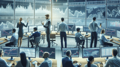 A diverse group of finance tech professionals intensely focused on multiple screens displaying stock market charts and financial graphs in a modern of