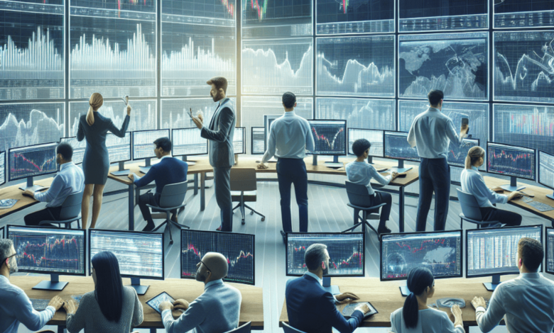 A diverse group of finance tech professionals intensely focused on multiple screens displaying stock market charts and financial graphs in a modern of