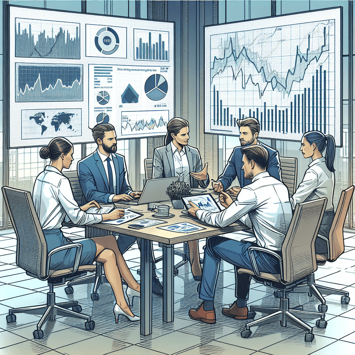 A diverse group of financial analysts are engaged in a collaborative meeting around a large conference table. The table is covered with various graphs, pie charts, and financial representations illustrating complex data. The analysts are animatedly discussing strategies for achieving delta-gamma neutrality, showcasing expressions of concentration and teamwork. In the background, multiple screens display abstract market trends and data visualizations through lines and diagrams, conveying a busy office atmosphere. The overall scene is depicted in a realistic style, capturing the dynamic nature of a modern financial environment.