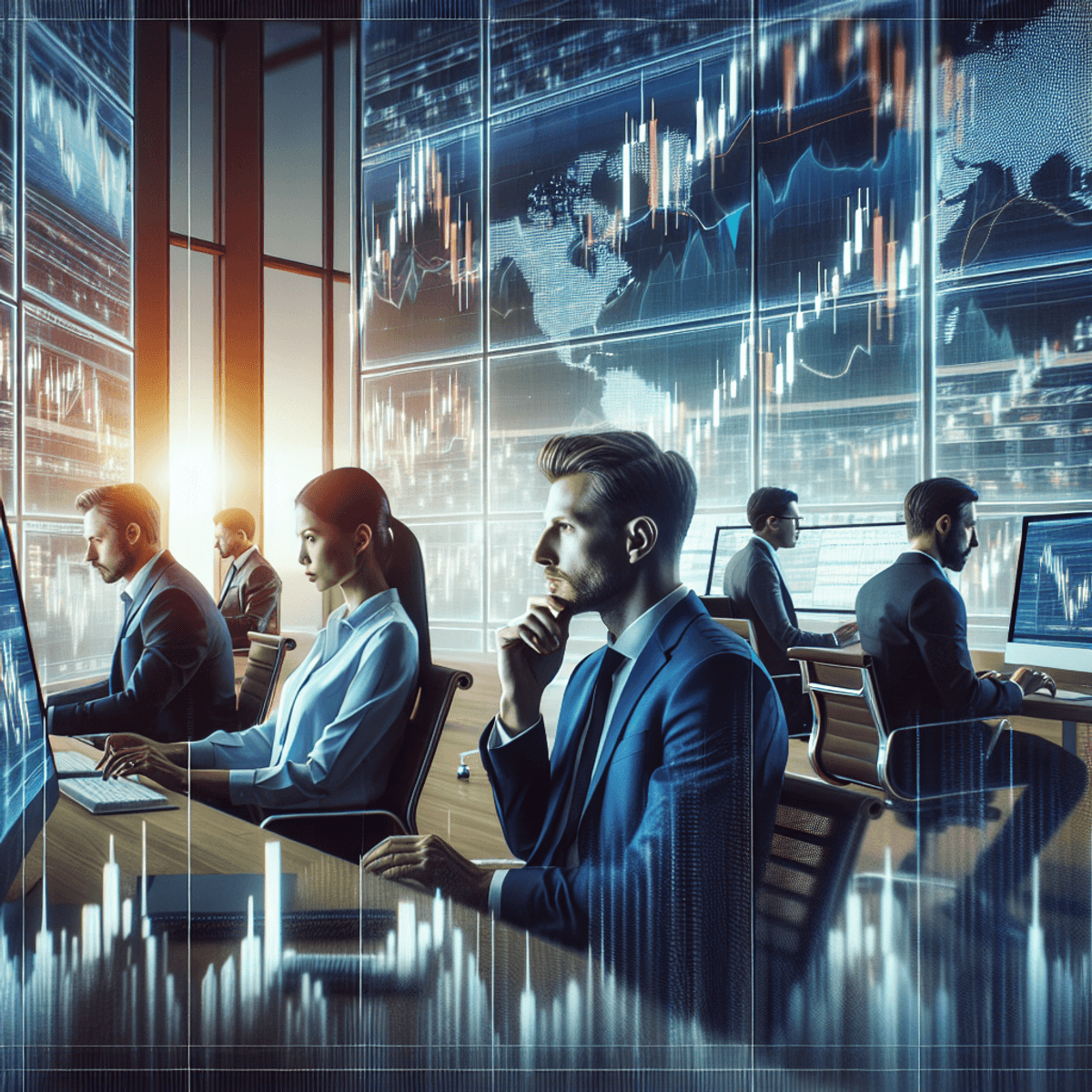 A diverse group of financial traders analyze stock charts on multiple modern screens in a professional setting. The atmosphere is intense and strategic, with abstract symbols representing market trends and corrective waves displayed on the screens. The traders exhibit expressions of concentration and determination, surrounded by a sleek, contemporary office environment devoid of any legible text.