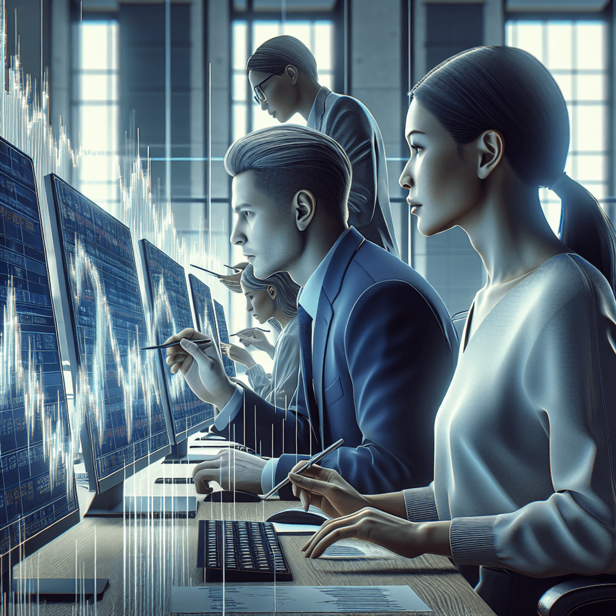 A diverse group of financial traders, deeply engaged in analyzing stock graphs on multiple screens in a modern office. The environment is sleek and contemporary, filled with a sense of urgency and concentration. Various digital charts and indicators flicker on the monitors, reflecting the volatility of the market. The traders exhibit expressions of determination and focus, symbolizing the challenges of vega risk management amidst fluctuating conditions.