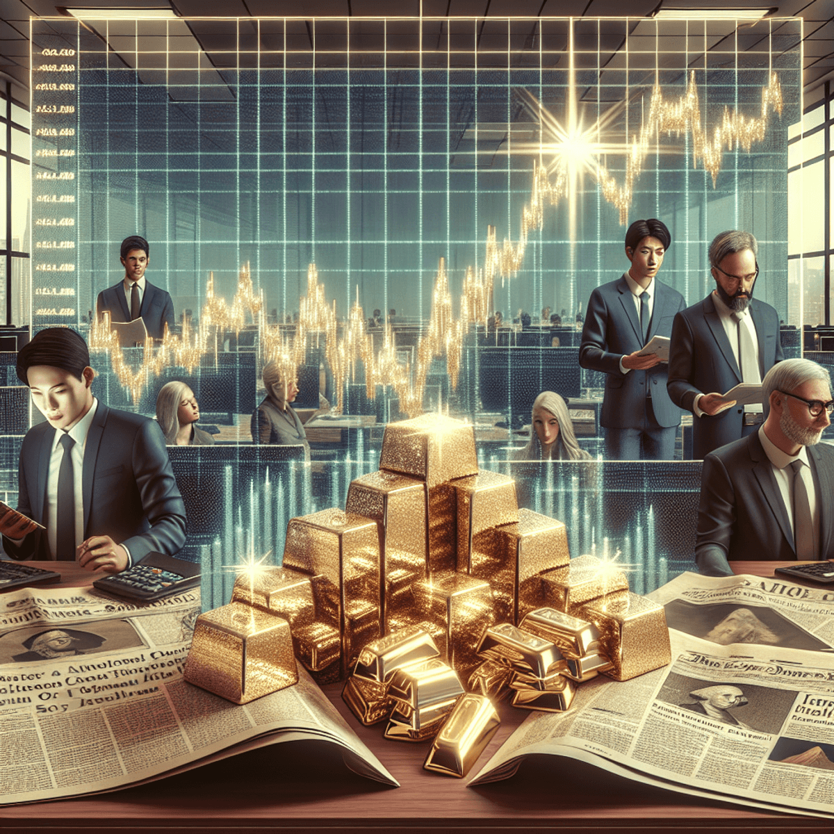 A diverse group of financial traders, including a Caucasian male and an Asian female, intensely analyzing complex stock market charts in a 1970s retro office setting, with sparkling gold bars in the foreground symbolizing wealth and scattered unidentifiable newspapers referencing inflation.