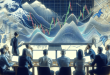 A diverse group of focused traders, huddles around a computer screen filled with intricate stock market graphs and wave patterns, showcasing Elliott W