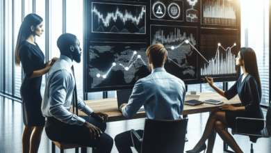 A diverse group of four business professionals stands together in a modern office environment, analyzing commodity market data on a large digital scre