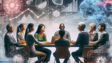 A diverse group of individuals engaged in an animated discussion around a table. The setting features abstract representations of financial charts and