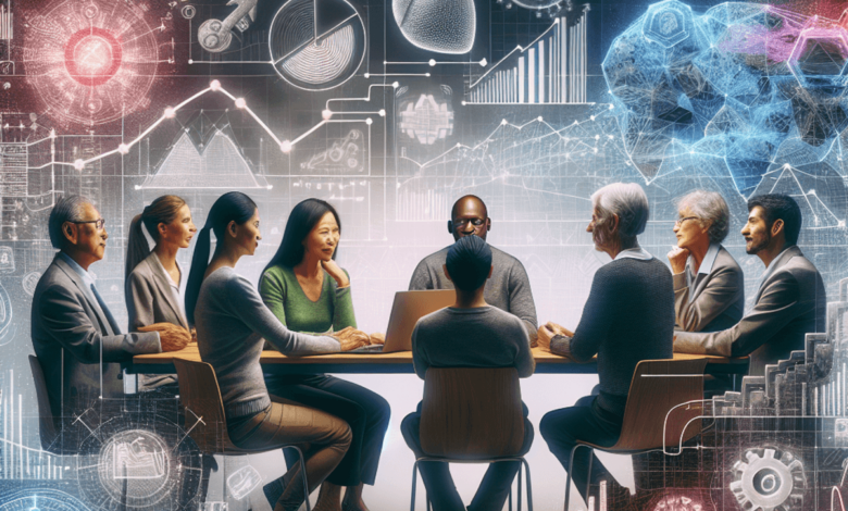 A diverse group of individuals engaged in an animated discussion around a table. The setting features abstract representations of financial charts and