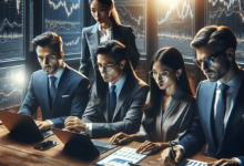 A diverse group of investors, gathered around a wooden table. They are focused on their laptops, analyzing market charts and engaging in discussions.