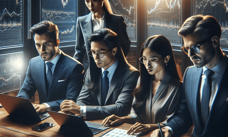 A diverse group of investors, gathered around a wooden table. They are focused on their laptops, analyzing market charts and engaging in discussions.