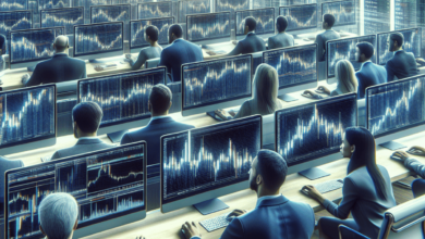 A diverse group of men and women intensely engaged in options trading, surrounded by multiple computers displaying abstract financial charts and graph