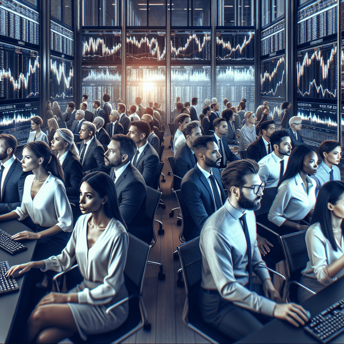 A diverse group of professional traders, including Caucasian, Hispanic, Black, Middle-Eastern, and South Asian individuals, are intensely focused on large screens displaying financial symbols and charts in a modern trading office. The traders exhibit expressions of concentration and determination, showcasing various genders. The environment conveys urgency, reflecting the intensity of tail risk hedging strategies during financial crises. The artwork is rendered in a realistic style, emphasizing the collaborative and high-stakes nature of their work.