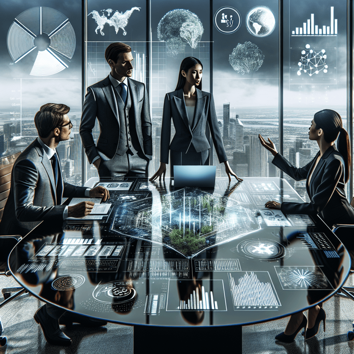 A diverse group of professionals engaged in a discussion about investment options in a modern high-tech office. A Caucasian man in a three-piece suit and a poised Asian woman in a fitted blazer and trousers are leaning over a sleek table. Surrounding them are abstract financial charts and symbols of sustainability, including a green leaf, handshake, and balanced scale, alongside a futuristic laptop displaying the Black Scholes Model in a visual format.