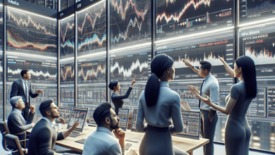 A diverse group of three individuals in a modern trading office, intensely focused on analyzing charts and graphs displayed on large screens. They are