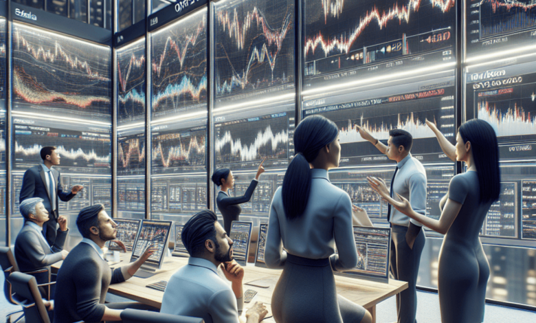 A diverse group of three individuals in a modern trading office, intensely focused on analyzing charts and graphs displayed on large screens. They are