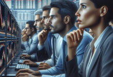 A diverse group of three traders focused on their computer screens in a busy trading office. They display intense concentration as they analyze variou