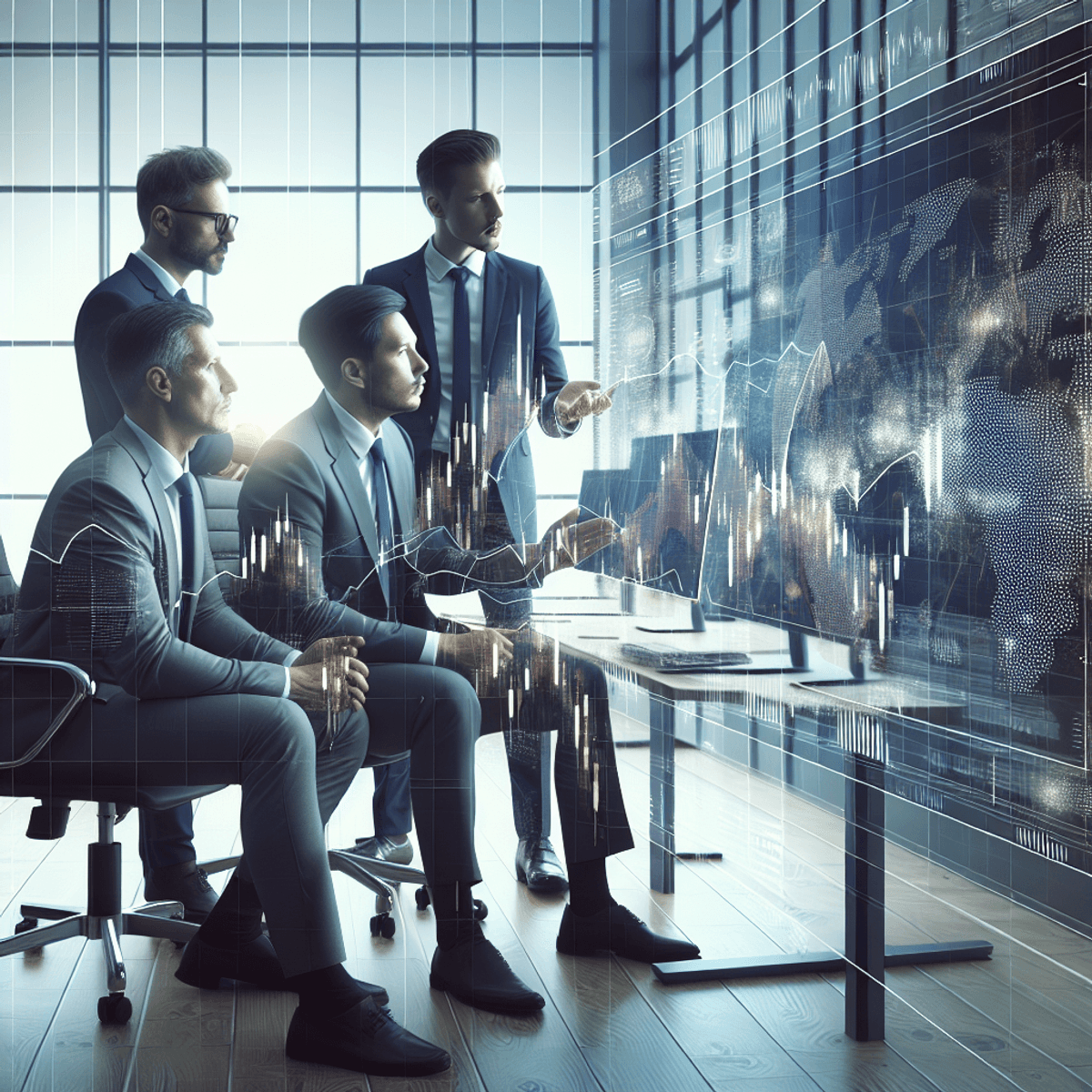 A diverse group of three traders, gathered around a sleek computer in a modern office. The screen displays colorful abstract shapes symbolizing stock charts and graphs. The traders are intently discussing strategies, with expressions of focus and determination on their faces, conveying a sense of teamwork and collaboration in their trading decisions. The contemporary office setting features minimalist decor and large windows allowing natural light to flood the space.