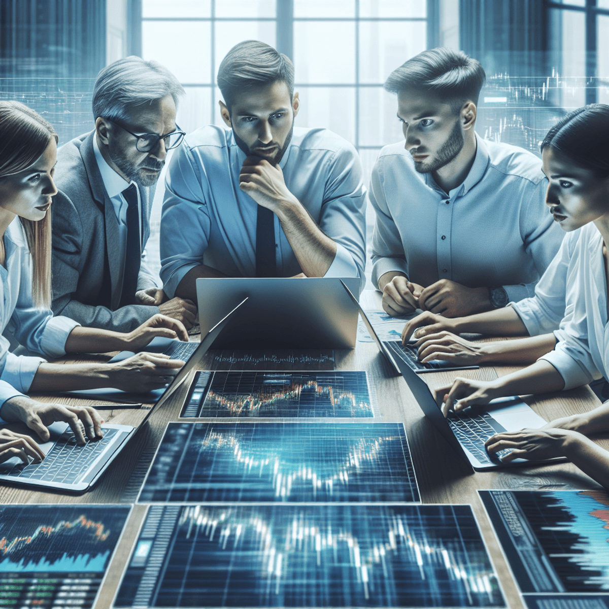 A diverse group of traders, intensely analyze digital charts and graphs around a sleek conference table filled with laptops. Their focused expressions convey determination and collaboration in a modern trading office, with large screens displaying fluctuating data in the background, capturing the dynamic energy of strategic decision-making.