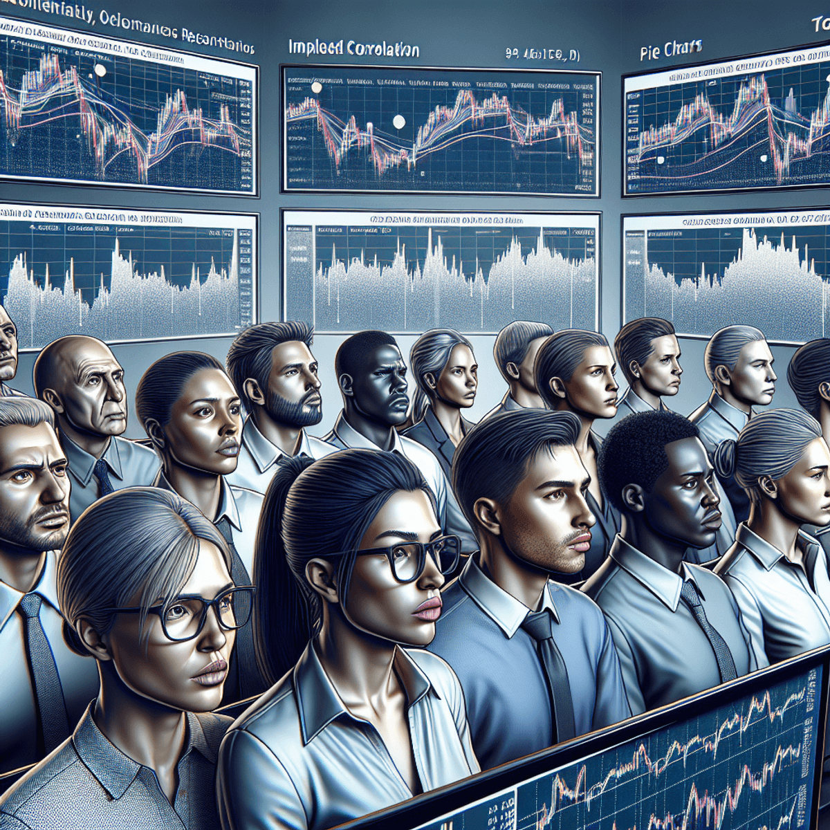 A diverse group of traders, intensely focused on large screens filled with complex graphical representations like line charts, bar charts, and pie charts. Their expressions convey deep concentration and determination as they analyze stock market fluctuations and the impact of implied correlation on options pricing. The screens feature symbols such as arrows, dots, and lines to illustrate data trends without any text.