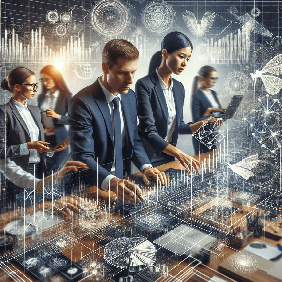 A diverse team of professionals in corporate attire, collaborates over a digital screen displaying abstract financial symbols like graphs and geometric figures. They are in a modern office filled with technology and organized stationery, showcasing focused expressions and engaged body language that convey teamwork and strategic thinking. They are discussing advanced calendar spread strategies.