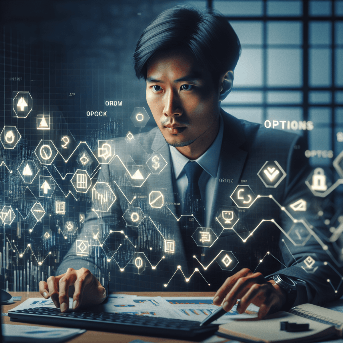 A focused male trader intently analyzes abstract shapes and symbols on a computer screen, representing stock charts. His calm and controlled expression reflects strategic thinking in options trading. The workspace is cluttered with financial documents and a notepad, emphasizing strategy, planning, and organization in the financial sector.