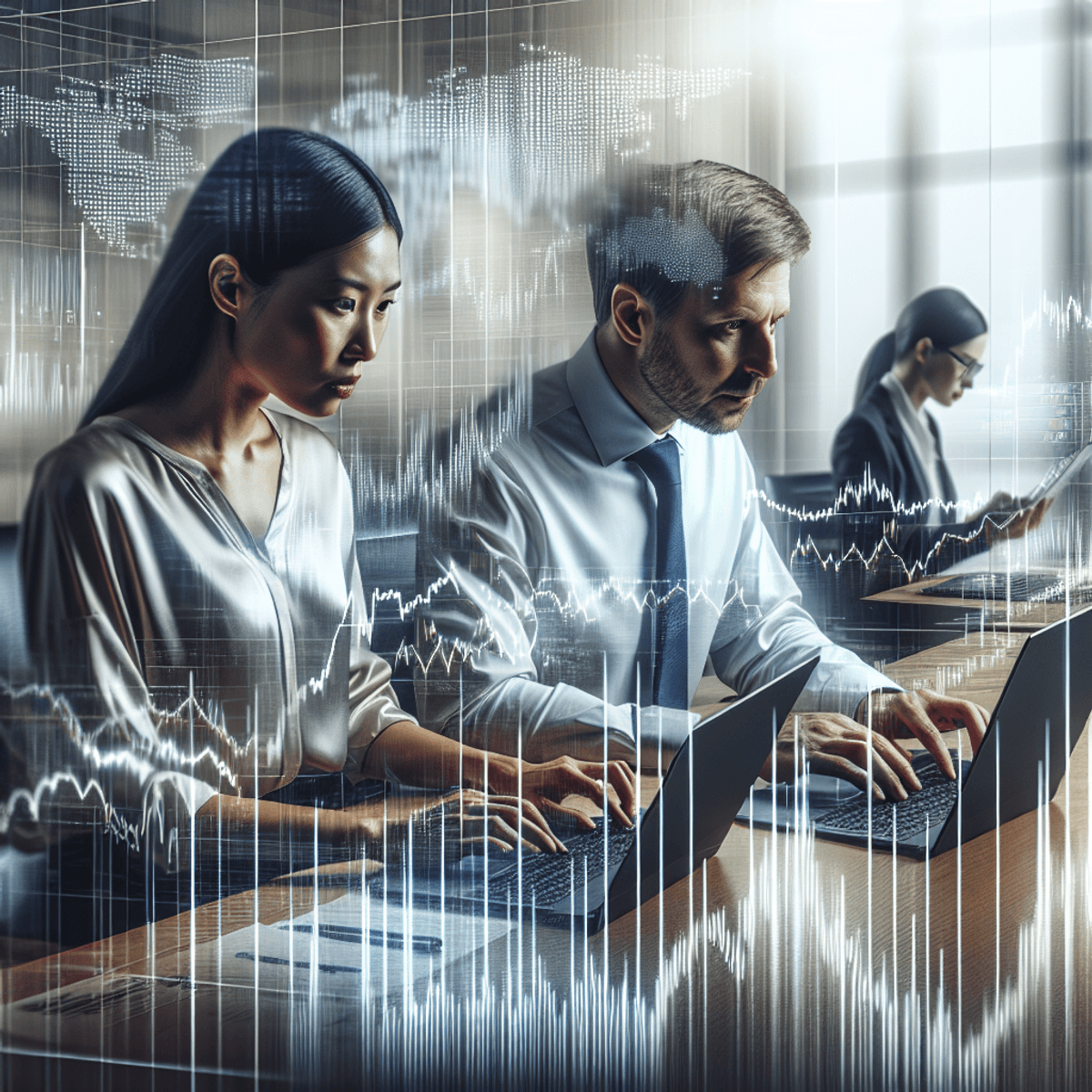 A focused man and a woman sit at a sleek modern office desk, intently analyzing stock market data on their laptops. Surrounding them are large screens displaying colorful charts and graphs filled with symbols representing the put-call ratio and market trends. The atmosphere is charged with concentration, reflecting the intensity of financial analysis and investment strategy.