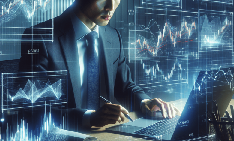 A focused options trader intensely analyzing stock charts on a sleek computer screen, surrounded by floating holographic graphs and data visualization