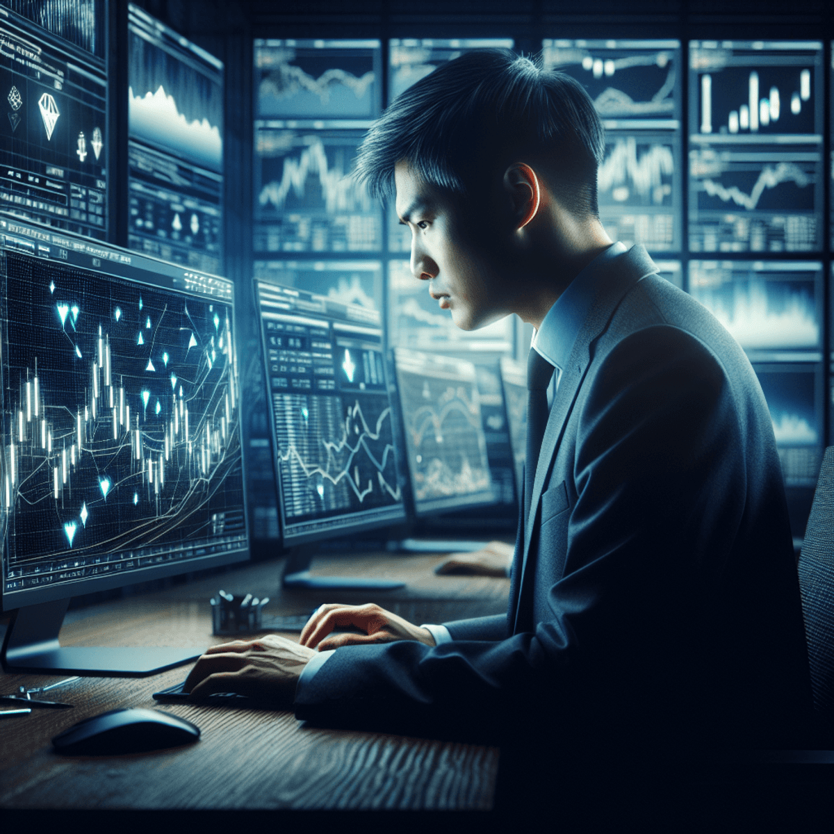 A focused trader intently analyzes financial data in front of multiple computer screens displaying colorful abstract symbols and complex charts related to options trading and volatility surfaces, creating an atmosphere of strategic decision-making and market analysis.