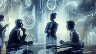 A group of financial traders in a high-tech trading office, featuring a male and a female at the center of a discussion. They are engaged in analyzing