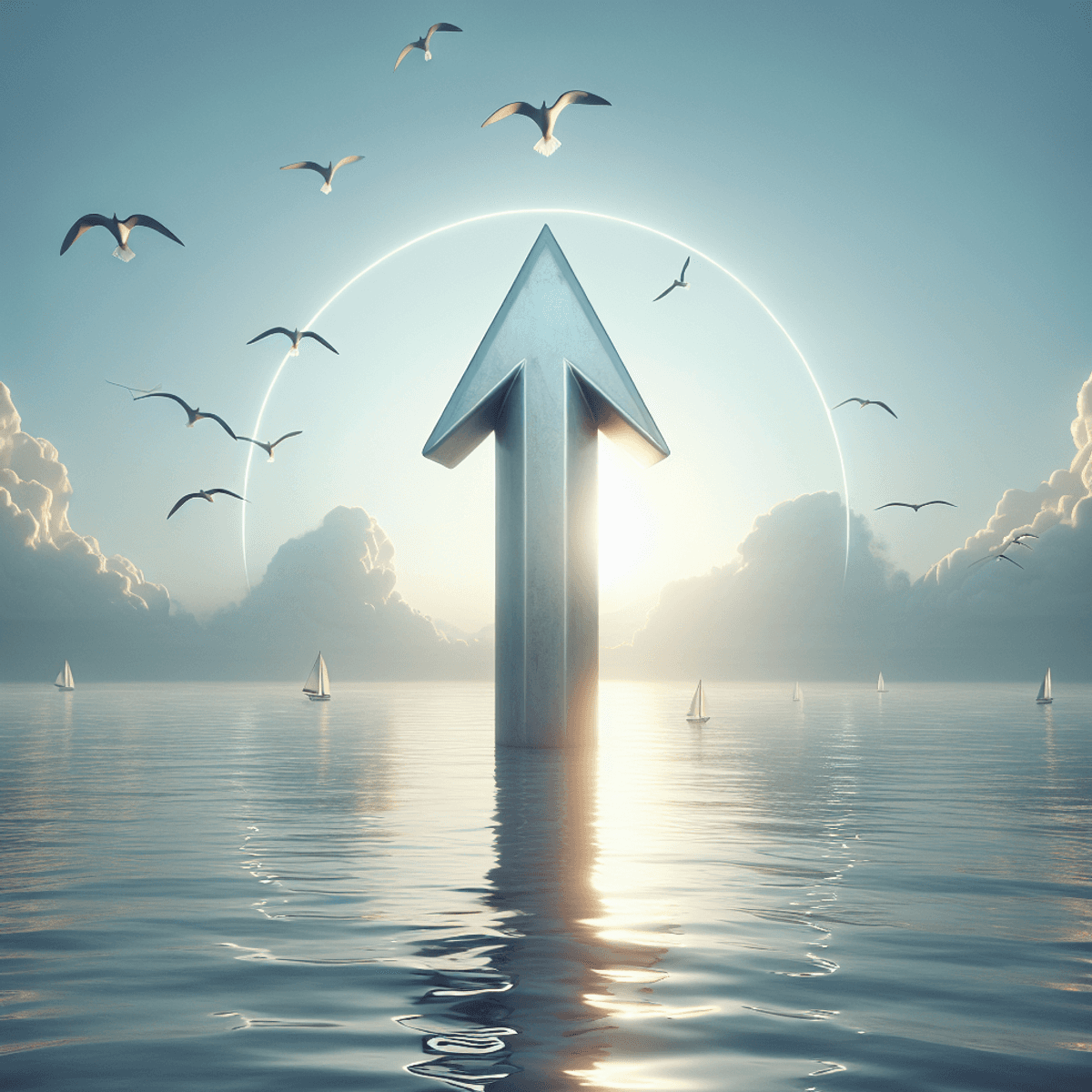 A large, solid bullish arrow pointing upward dominates the center of the image, symbolizing growth in a stock market environment. The backdrop features a calm, serene ocean under a clear blue sky, conveying stability. Seagulls gracefully soar overhead, adding to the peaceful atmosphere. The overall scene radiates tranquility and optimism regarding investments and the seagulls are the name givers for this options strategy