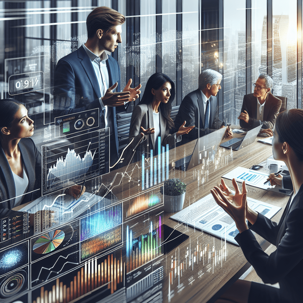 A male and a female are engaged in a focused discussion in a sleek, modern office filled with advanced technology. They are surrounded by computers and digital boards displaying colorful charts and graphs representing inflation trends and economic growth. The duo is animatedly gesturing as they exchange ideas, conveying their deep involvement and interest in financial strategies, while the contemporary office setting emphasizes a professional atmosphere.