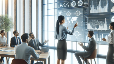 A modern, bright office filled with professionals engaged in discussion; a woman pointing at a screen with graphs and bar charts, a man gesturing whil