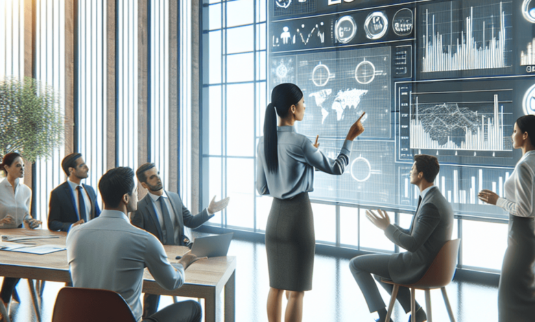 A modern, bright office filled with professionals engaged in discussion; a woman pointing at a screen with graphs and bar charts, a man gesturing whil