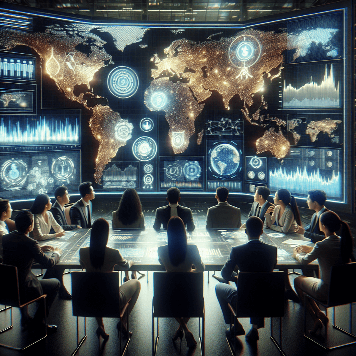 A multi-ethnic team, intensely engaged around a large luminous screen displaying abstract symbols representing geopolitical events and economic fluctuations. The setting is a high-tech briefing room filled with glowing screens showing color-coded charts, all conveying changing market dynamics, with no text visible.