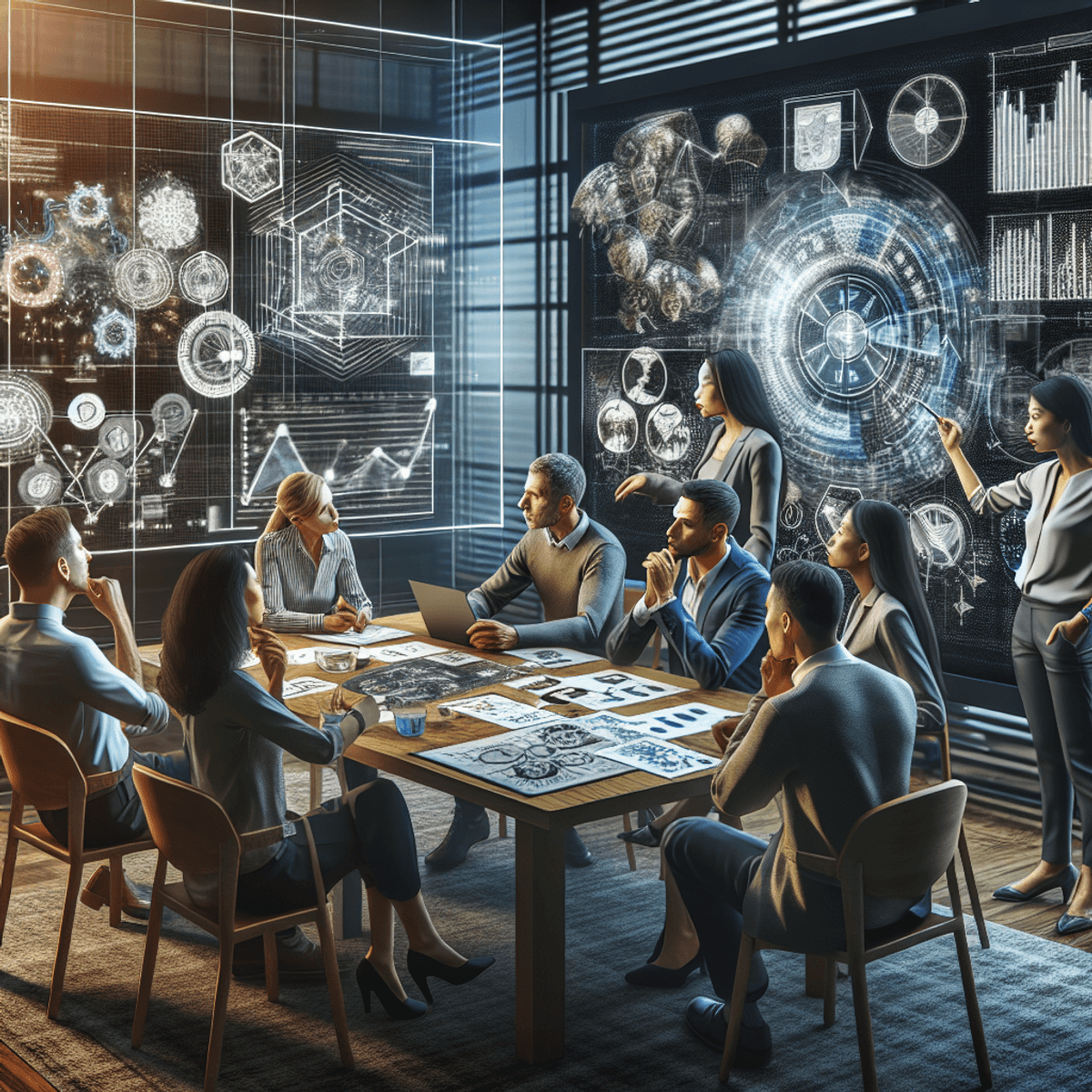 A multicultural group of professionals, gathered around a large table engaged in a passionate conversation. The table is covered with diagrams and pictorial representations related to strategy and risk management. A large screen in the background displays abstract symbols in various shapes and colors, representing hypothetical scenarios. The room's atmosphere conveys collaboration and strategic decision-making.