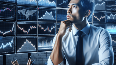 A pensive male trader sits in a modern office, surrounded by multiple screens displaying colorful stock graphs and market data. He gazes thoughtfully