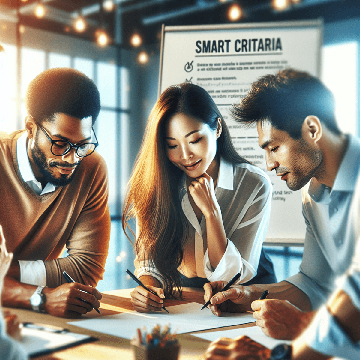 A team is engaged in a goal-setting session around a table. They are actively discussing and writing down their aspirations on paper, surrounded by bright, inspiring light that creates an atmosphere of collaboration and motivation. A whiteboard is visible in the background, hinting at the presence of SMART criteria, while the focus remains on the team's interpersonal interactions that symbolize effective teamwork.