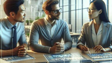 A trio of traders engaged in a focused discussion around a table filled with charts, graphs, and market data related to options trading strategies. In