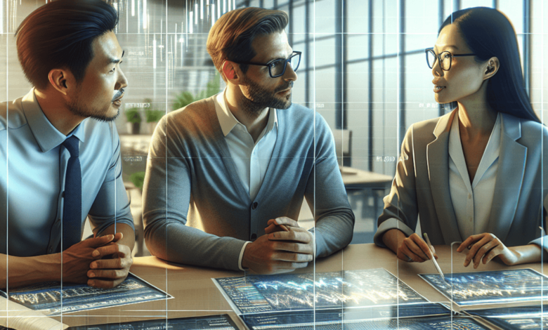 A trio of traders engaged in a focused discussion around a table filled with charts, graphs, and market data related to options trading strategies. In