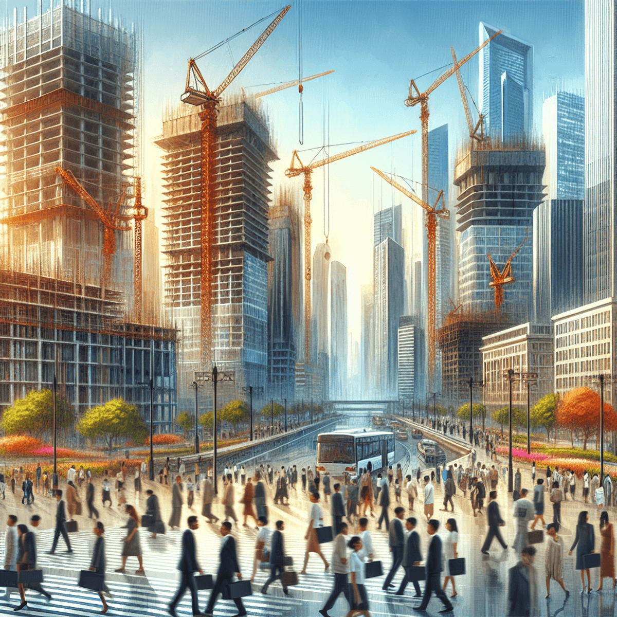 A vibrant cityscape filled with modern skyscrapers and construction cranes, symbolizing industrialization and development. In the foreground, a diverse group of people from various ethnic backgrounds, engaged in business activities or walking, showcasing the dynamic nature of foreign investment and growth. The scene is bustling with activity, reflecting the liveliness of a multicultural society in an emerging market. The realistic style captures the energy and diversity of urban life.