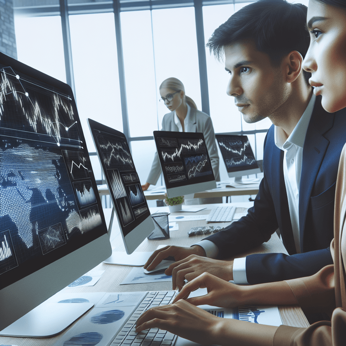 A woman and a man are deeply focused on their computer screens in a modern office setting, analyzing diagrams and graphs related to a volatile stock market. The atmosphere conveys concentration and collaboration, with both professionals engaged in a discussion about market strategies.