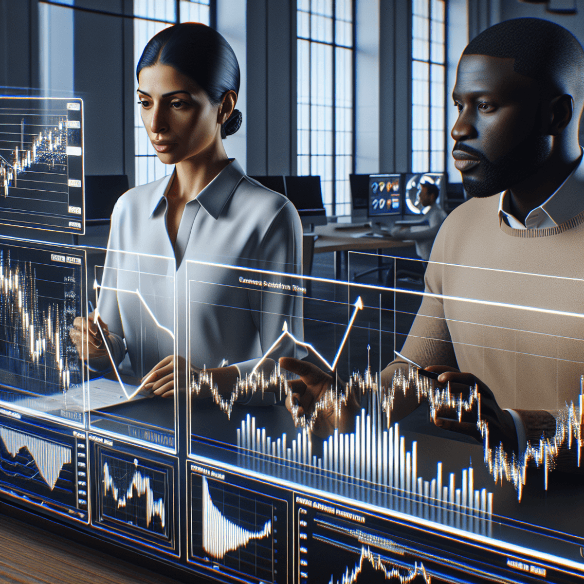 A woman and a man are engaged in a focused discussion about options trading strategies in a modern office environment. They are surrounded by large screens showcasing sophisticated digital financial charts, including bar charts, line graphs, and pie charts representing the Elliott Wave Theory. Both traders display serious expressions, reflecting their concentration and determination in the financial market. The atmosphere is professional, with sleek office decor enhancing the setting.