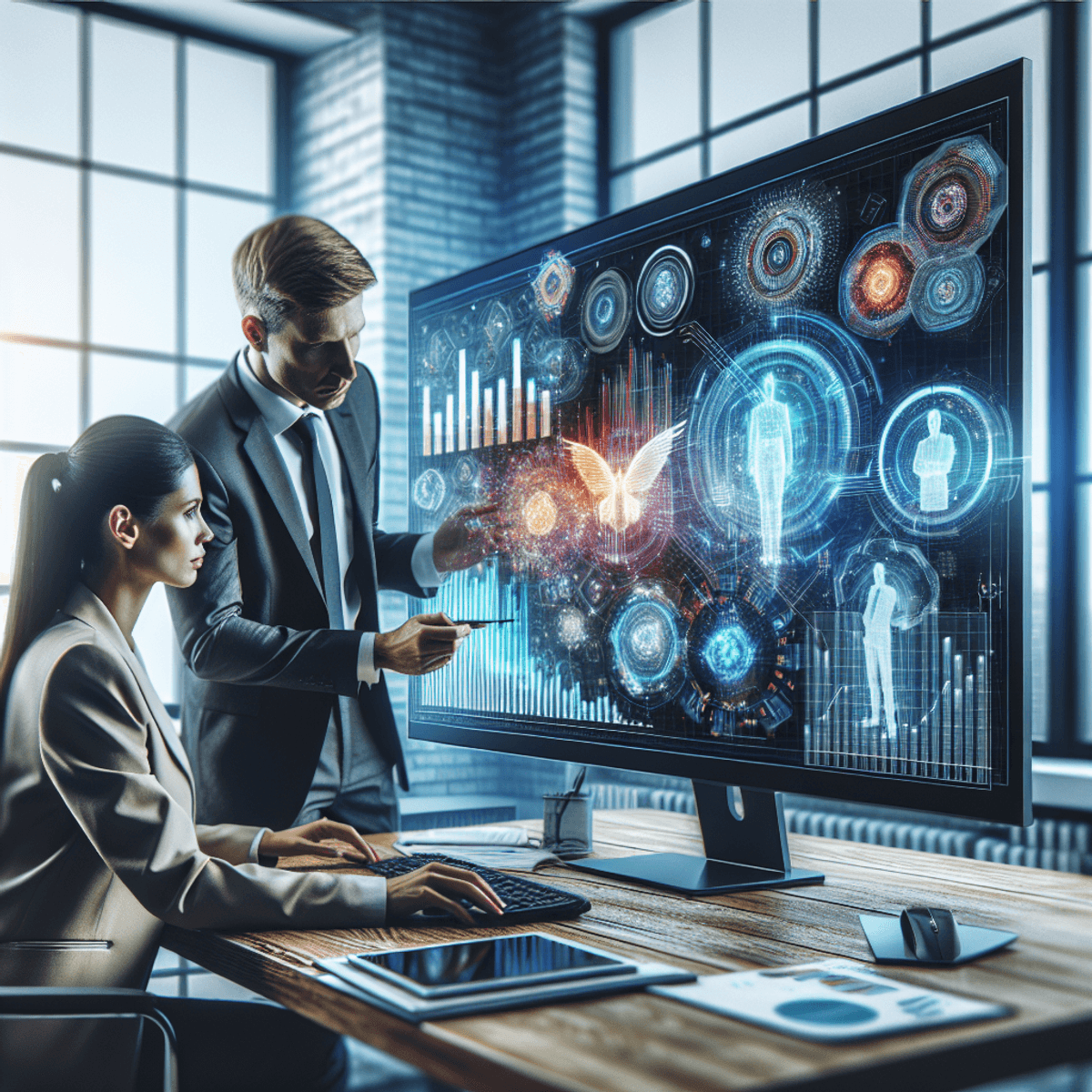 A woman and a man sitting at a sleek desk in a modern office, intently reviewing vibrant 3D financial charts and graphs displayed on a computer screen. The office is designed with contemporary decor, featuring collaborative workspaces and innovative financial tools. The atmosphere conveys teamwork and professionalism, with symbols of finance like calculators, notepads, and digital devices scattered around them.