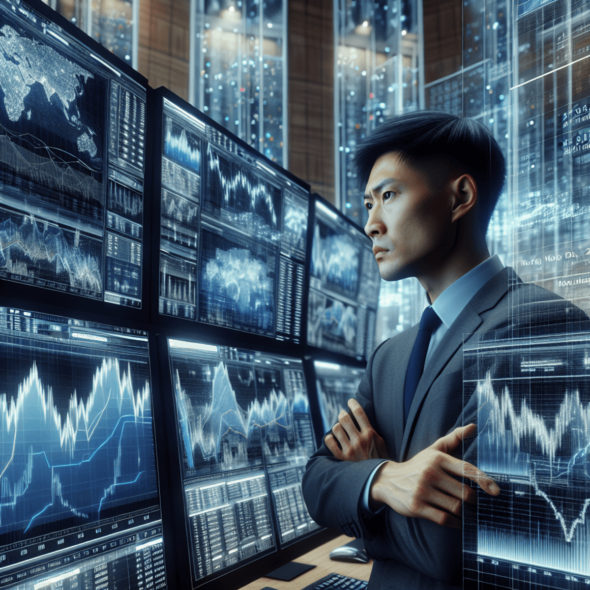 An options trader intensely analyzes multiple screens displaying complex graphs and charts in a modern, high-tech trading environment. The atmosphere exudes urgency and precision, highlighting the impact of technology and real-time data on financial decision-making.