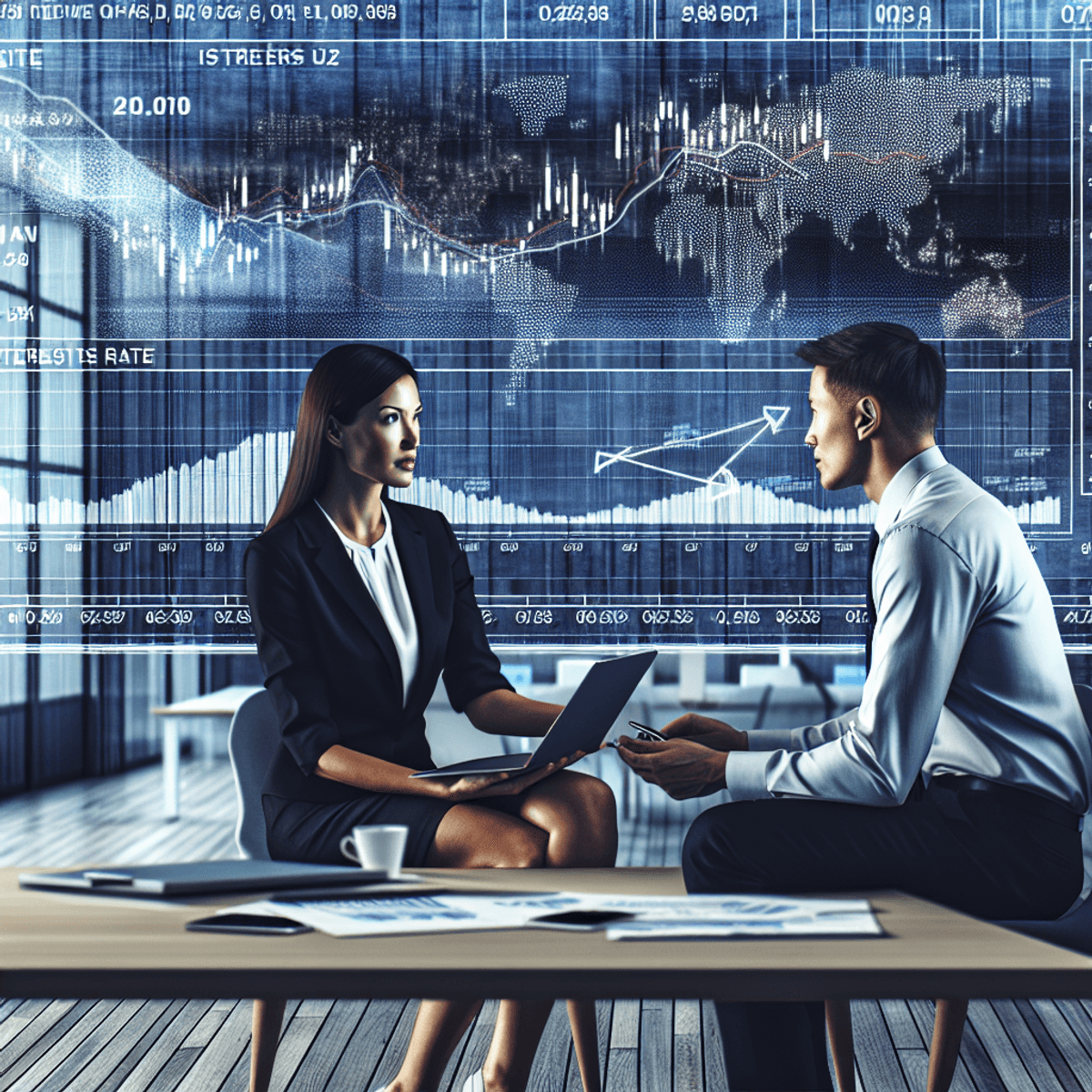 Two options traders engaged in a lively discussion, surrounded by financial charts and graphs in a modern office setting, with a large screen displaying abstract interest rate trends and macroeconomic data in the background.