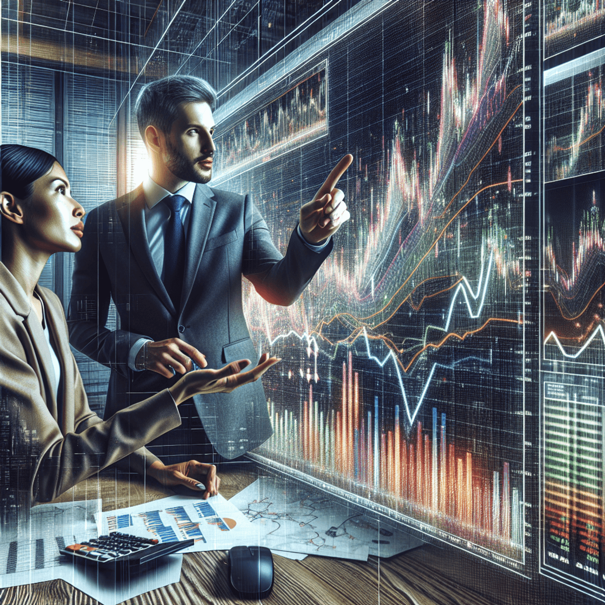 Two persons are closely examining colorful options charts displayed on a digital screen in a busy trading environment. The man is gesturing towards the screen, emphasizing a point, while the woman listens attentively, engaged in their discussion about trading strategies. The charts feature various vibrant graphs and abstract data points, illustrating their complexity. Surrounding them are scattered papers and a calculator, highlighting their active work. Visual cues representing vertical spreads in options trading, such as an ascending arrow or an upward sloping curve, are subtly integrated into the background.