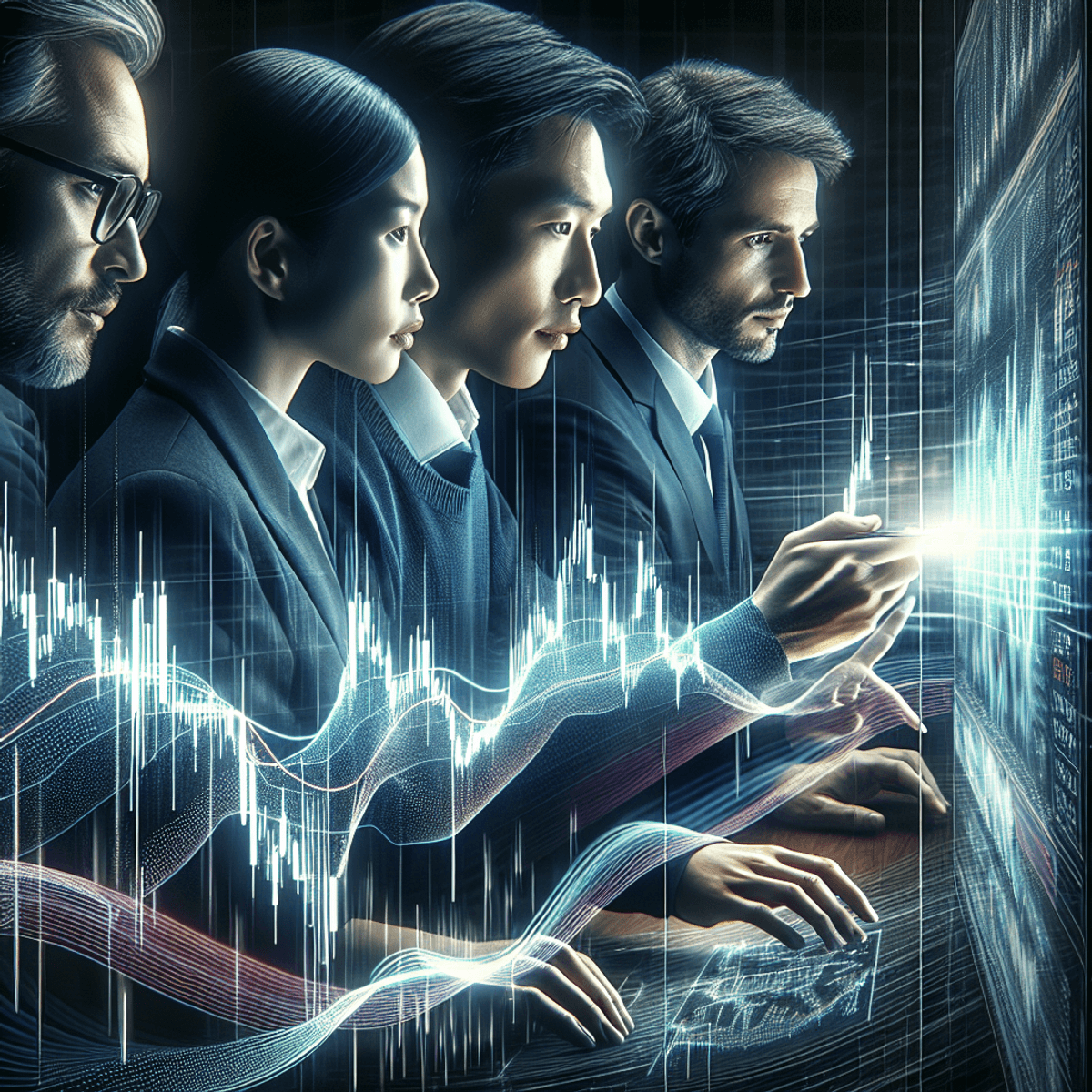 A focused group of diverse traders, gathered around a glowing digital trading screen, intently analyzing oscillating market data with intricate financial charts and graphs illuminating the background.