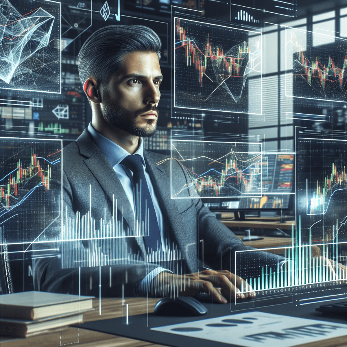 A focused male stock trader sits behind a modern desk cluttered with multiple screens displaying abstract stock chart data. He analyzes the information with a calm and objective expression, surrounded by a professional work environment that conveys concentration and clarity. The screens show colorful graphs and symbols representing market trends, while the absence of legible text emphasizes the trader's intense focus on the data.