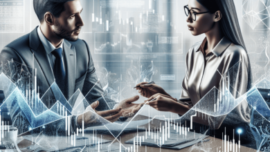 A man and a woman engaged in a serious discussion, analyzing financial graphs and convertible bonds, surrounded by a sleek modern office filled with s